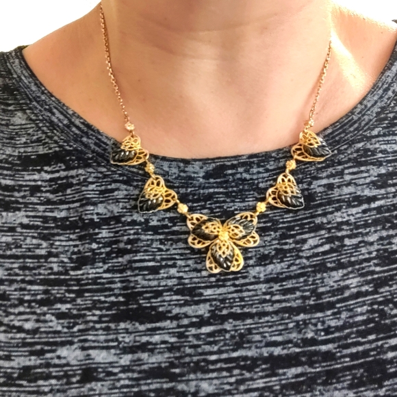 Signed Germany Filigree Hearts Black Molded Glass Necklace - Picture 9 of 15